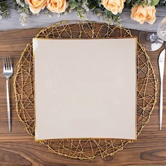 10 TAUPE 10″ Square Concave Plastic Salad Dinner PLATES Gold Rim Party Events