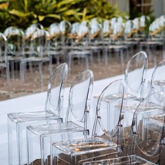 4 CLEAR Stackable Transparent Acrylic Banquet CHAIRS Oval Back Party Decorations