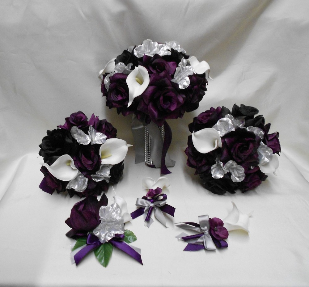 Silk Flower Wedding Bridal Bouquet Purple Plum Eggplant Silver Calla Lily 18 pcs