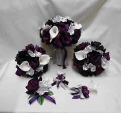 Silk Flower Wedding Bridal Bouquet Purple Plum Eggplant Silver Calla Lily 18 pcs
