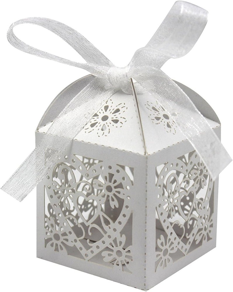100 Pack Love Heart Laser Cut Wedding Favor Boxes with Ribbons for Candy Gifts