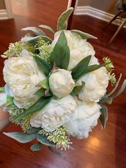 Beautiful Wedding Bouquet White Peony Sage Silk Flowers Pearls Lace Ribbons