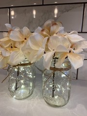 Hydrangea Lighted Mason Jar, Jute Bow, Fairy Lights, Custom Colors Available
