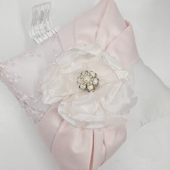 Lillian Rose White Ring Pillow Blush Sash Satin 7″ Square Silver Rhinestones NOS