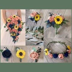 Terra Cotta Peach Sunflower Bridal Bouquet Sola Wood Navy Bridesmaid Wedding