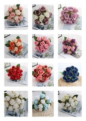 US 12Head Silk Rose Flowers Floral DIY Bridal Wedding Bouquet Home Garden Vibes