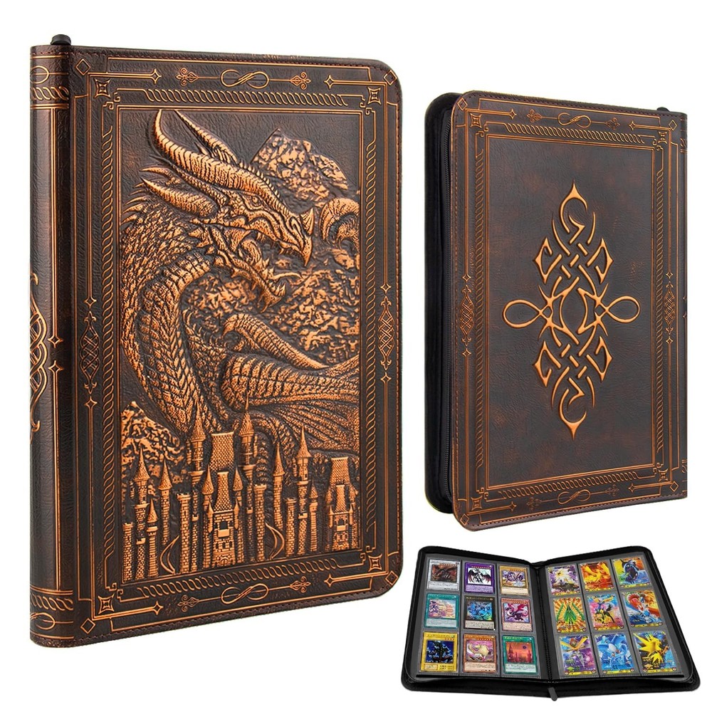 TIANREN Card Binder 9 Pocket, 3D PU Leather Album with Zipper, 360 Side Loadi…