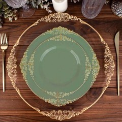 10 DUSTY SAGE GOLD 8″ Round Plastic Salad Dinner PLATES Embossed Baroque Rim