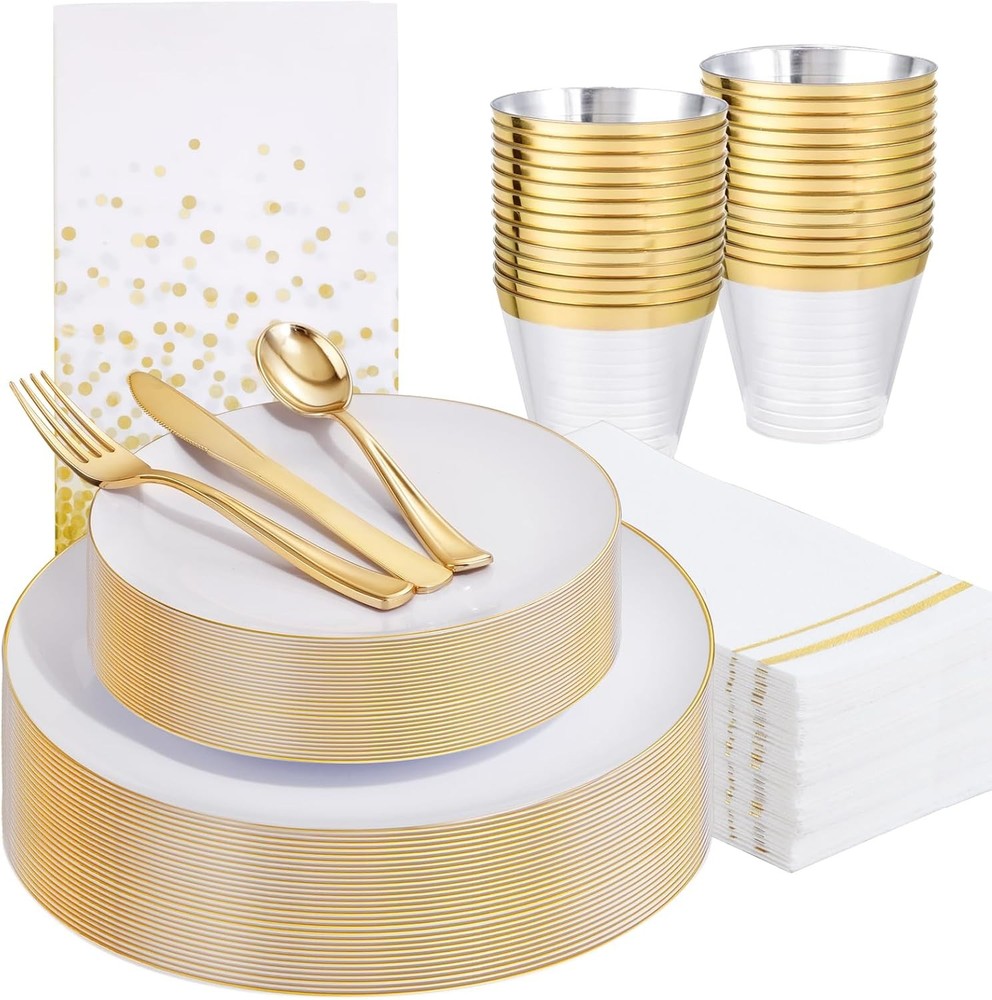 Festiva 175PC White Gold Rim Plates Set for 25 Guests – Party Dinnerware