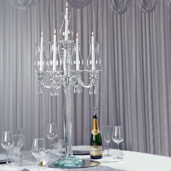 40-Inch Clear 5 Arm Crystal GLASS Candelabra Hurricane Taper CANDLE HOLDER Party