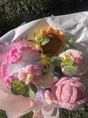 Handmade Crochet Flower Bouquet Pink Sunflower Gift Set w/ Light & Bag
