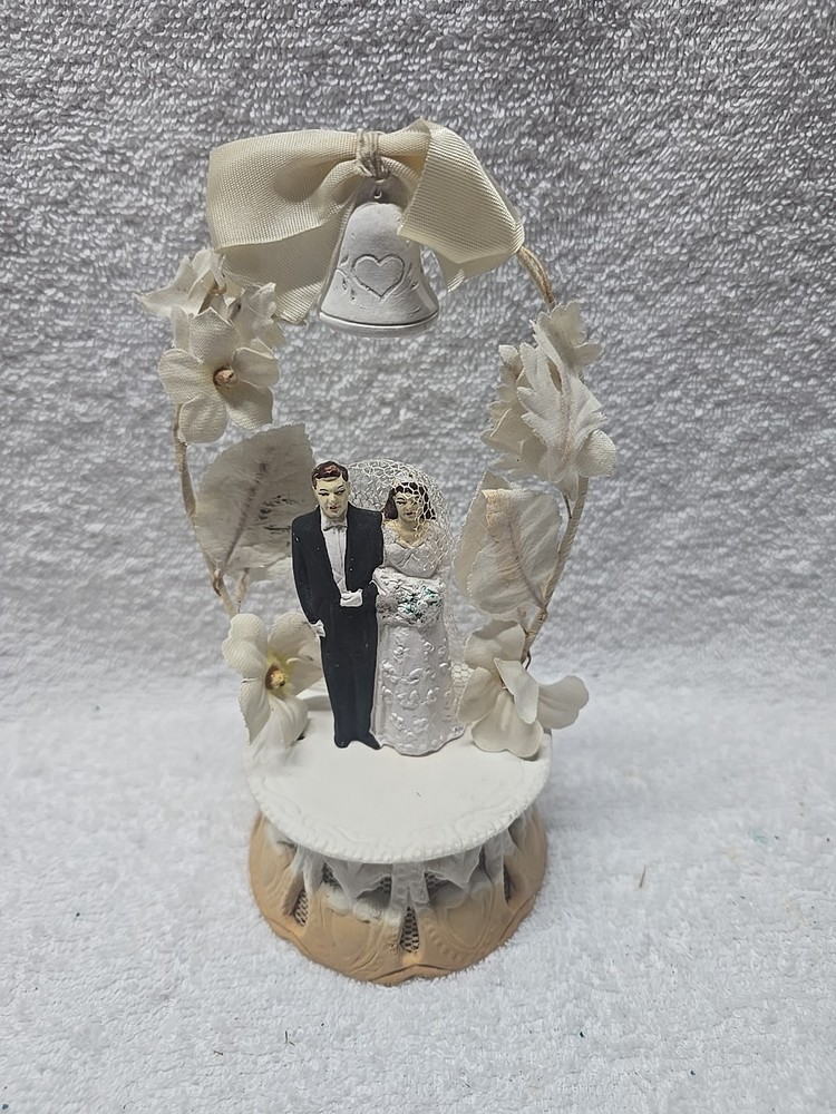Vintage 1960’s Wedding Cake Topper Bride Groom Plastic Bell, Flower, Arch