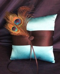 NEW Luxious Bridal PEACOCK Themed Teal & Brown SATIN RING PILLOW 7.3″x7.3″