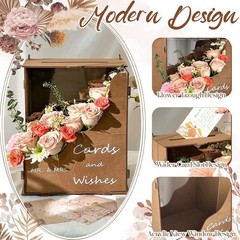Brown Wedding Card Box with Wave Flower Trough, Wooden Gift Card Box for Wedd…