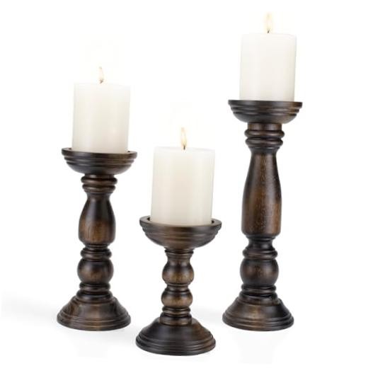 Farmhouse Wooden Candle Holders for Pillar Candles Set of 3, Vintage Brown