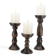 Farmhouse Wooden Candle Holders for Pillar Candles Set of 3, Vintage Brown