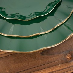 10 HUNTER GREEN 11″ Round PLASTIC Salad Dinner PLATES Gold Wavy Rim Wedding