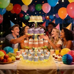 Durable Yellow 4-Tier Round Cake Stand Display with LED Lights for Celebrations