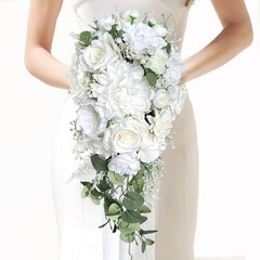 10″ White Rose Bridal Bouquet – Silk Flower Cascading Wedding Decor, Ivory Sage