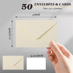 50 Sets Cream Mini Envelopes 4 x 2.7 inches, 50 & Cards – White