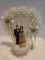 Vintage MCM 50th Wedding Anniversary Cake Topper White Lace Gold Trim Brown Hair