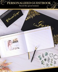 Black Wedding Guest Book with Pens – 9×7″ Gold Foil Hardcover Sign-in Album
