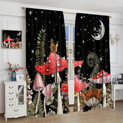 Mushroom Curtains, Vintage Boho Rustic Black Abstract Fantasy Forest Plant Leaf