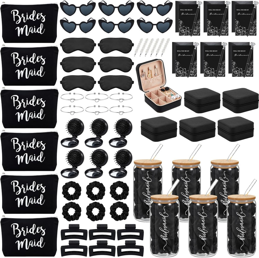 Bridesmaid Proposal Gift Set – 6 Pcs Glass Cups, Jewelry Box & Makeup Bag