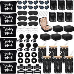 Bridesmaid Proposal Gift Set – 6 Pcs Glass Cups, Jewelry Box & Makeup Bag