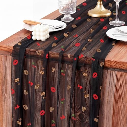 Cheetah and Cherry Tulle Table Runner 28″x120″ Red Lips Black Leopard Print