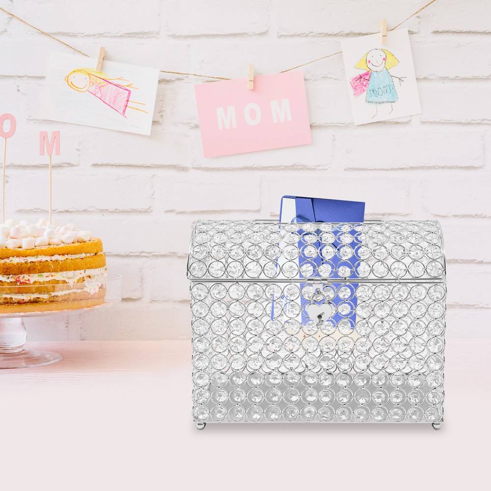 Elegant Wedding Card Box with Heart Lock, Clear Silver Design, 12.2″ x 6.3″