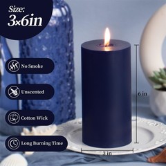 KONNI Navy Blue Pillar Candles Set of 3, 3″x 6″ Unscented 3 x 6in,