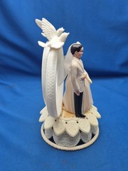 Bride & Groom 1950’s Wedding Cake Topper Lace Fabric Tulle Doves Rings