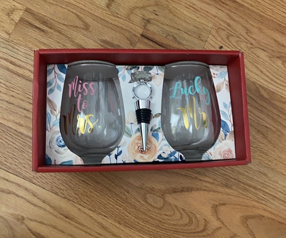 EAI Miss To Mrs & Lucky Mr Wine Glass Gift Set & Bottle Stopper Hand Wash Only