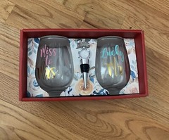 EAI Miss To Mrs & Lucky Mr Wine Glass Gift Set & Bottle Stopper Hand Wash Only