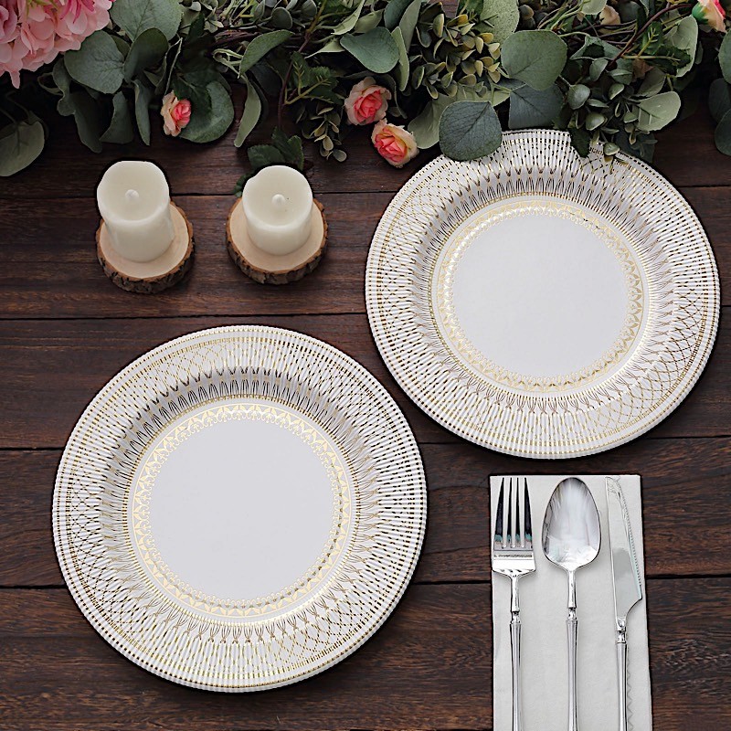 25 WHITE GOLD 10″ Porcelain Design Round Paper PLATES Party Events Decorations