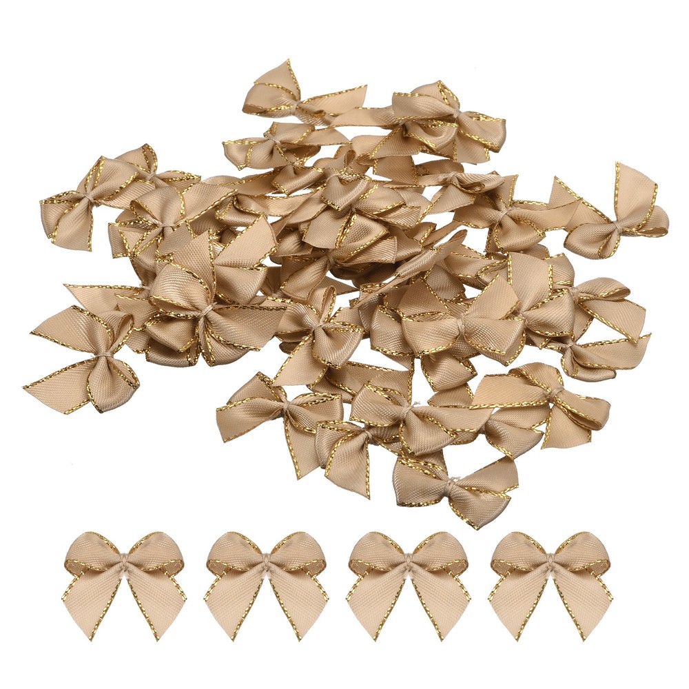100Pcs Mini Metallic Edge Ribbon Bow 1″ Flower Bows Soft Gold Edge Brown