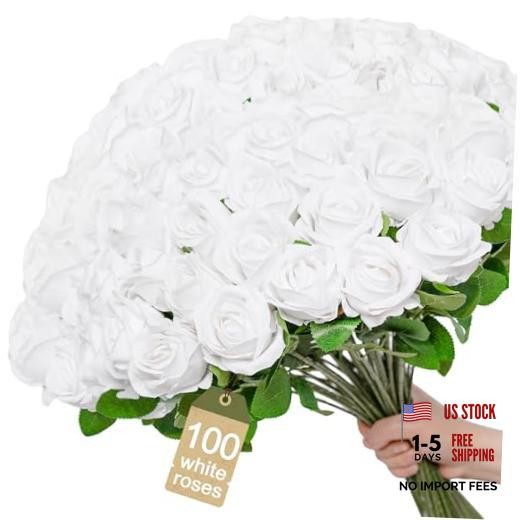 []Pcs Realistic Artificial flowers Roses Bulk, Silk Flowers for 100 White
