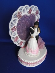 New Medium Dark skin Bride & Groom Wedding CakeTop, pink decor & heart, #334