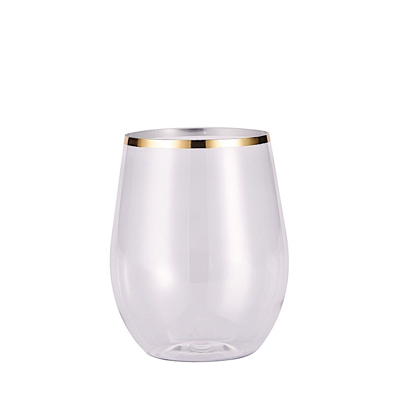 14 oz Clear with Gold Rim Stemless Plastic Wine Glasses Disposable Home supplies