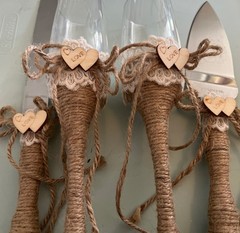 Country Wedding Flutes And Cake Serving Knives With Burlap And Lace