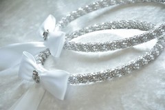 Crystal Pearl Greek Orthodox Wedding Stefana with 2-24″ Wedding Candles in White