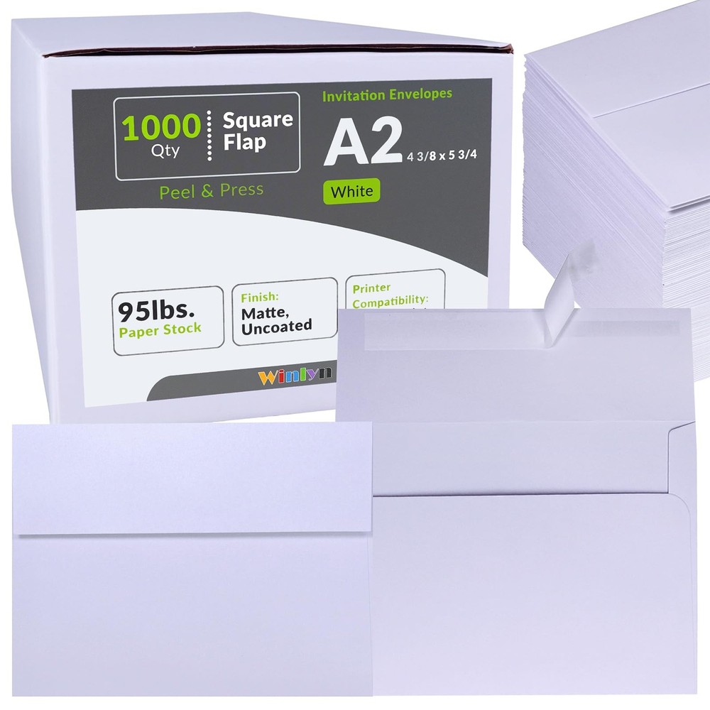 Winlyn 1000 Pcs White A2 Invitation Envelopes, Peel 1000 White,