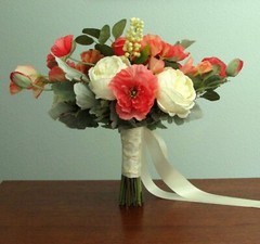 Silk Flower BRIDAL BOUQUET Coral Pink Peach and Green Roses, Poppy, Hydrangea