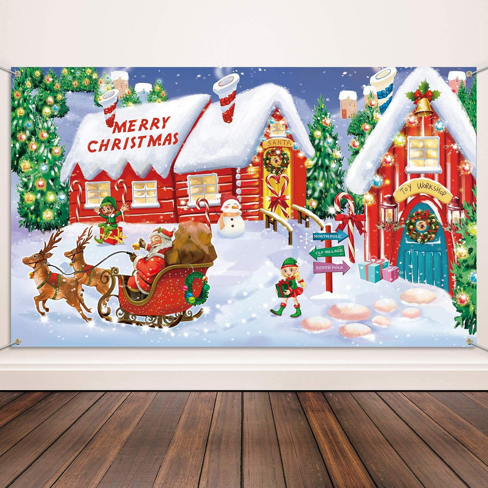 Christmas Wall Scene Santa’S Workshop and Toy Shop Backdrop Extra Large Fabric D