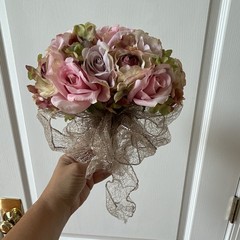 Artificial Pink & Green Rose Wedding Flower Bouquet w/ Ribbon & Lace Bow