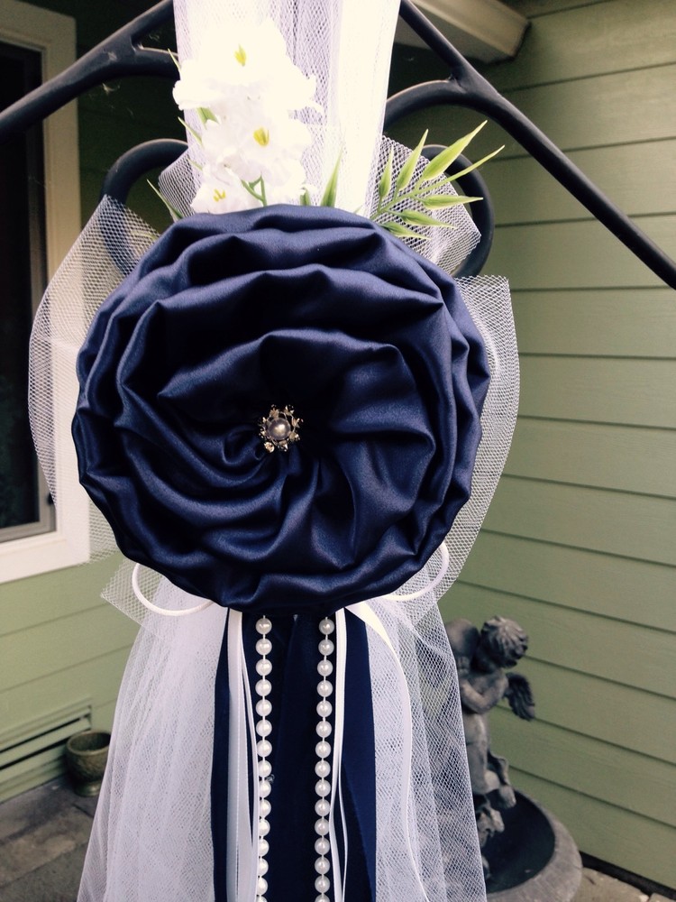 Set of 10 Navy Blue Pew Bows, Chair Bow, White Wedding Church Aisle decorations