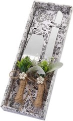 Elegant Silver Serrated Wedding Cake Knife and Serving Shovel with Green Leaf