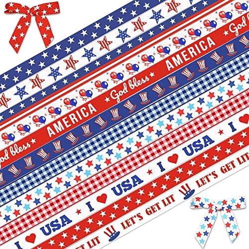 12 Rolls Patriotic Ribbon for Wrapping Gifts, Grosgrain 4th of Blue,Red,White