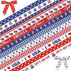 12 Rolls Patriotic Ribbon for Wrapping Gifts, Grosgrain 4th of Blue,Red,White